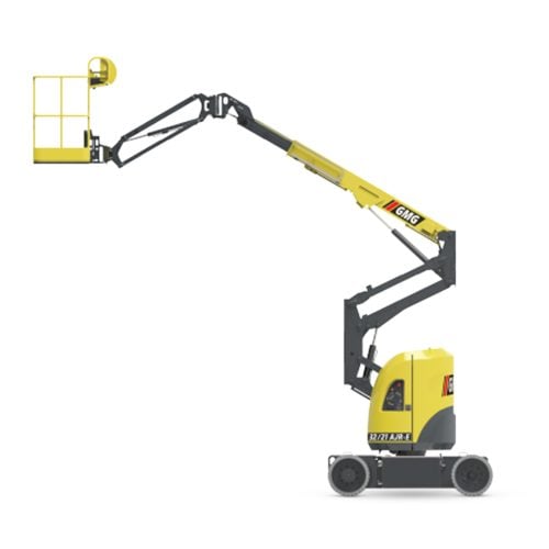GMG 32/21 ARJ-E electric articulated boom lift extended at full height outdoors