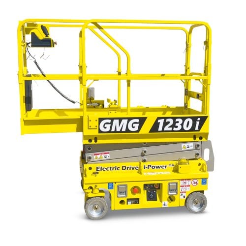 GMG 1230i electric vertical mast lift positioned indoors for facility maintenance work