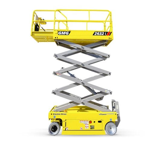 GMG 2632i electric scissor lift extended at full height outdoors