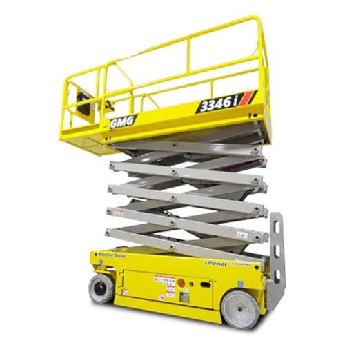 GMG 3346i electric scissor lift extended at full height indoors