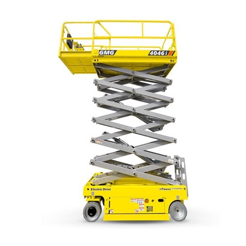 GMG 4046i electric scissor lift elevated in a warehouse setting with extended platform