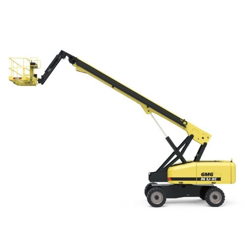 GMG 86 SJ-XC telescopic boom lift extended on a rough-terrain jobsite