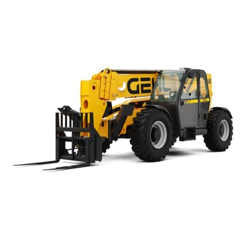 Gehl TH10-55 telehandler working on a construction site, showing its 10,000 lb lift capacity and 55-foot reach.