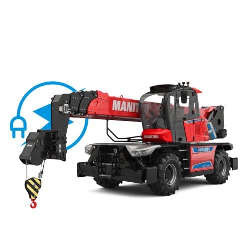 Manitou MRT 2660 e fully electric rotating telehandler lifting load with extended boom