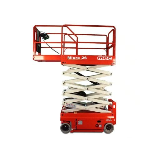 MEC Micro 26-XD electric scissor lift with extended platform at jobsite