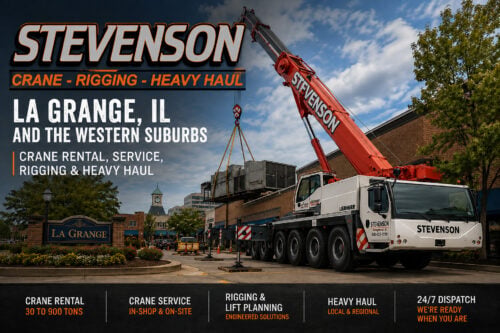 Stevenson Crane rental in La Grange, IL performing a commercial HVAC lift with crane rental, rigging and heavy haul services.